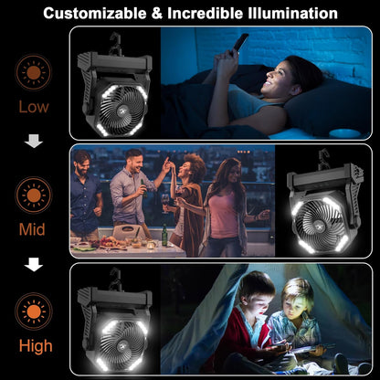 KITWLEMEN 20000mAh Battery Powered Camping Fan - 58H Max Cooling, Rechargeable Battery Operated Desk Fan with 4 Speeds, Bright Light & Hanging Hook, Portable for Tent Outdoor Hurricane Power Outage