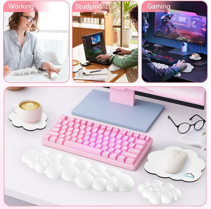 Cloud Wrist Rest for Computer Keyboard, 4-in-1 Memory Foam Leather Cloud Keyboard Wrist Rest and Mouse Pad Set with Ergonomic Support for Arm and Palm Cushion, Gaming/Work Setup, White