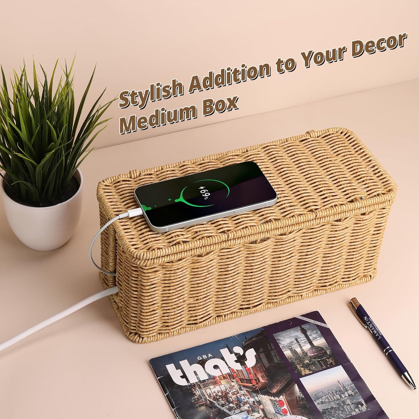 Handmade Cable Management Box Brown, Imitation Rattan Cord Organizer Cord Hider Box, Cable Organizer Box for Desk, Cord Management Box to Hide Cords and Power Strip L12.5'' W5'' H5.2''