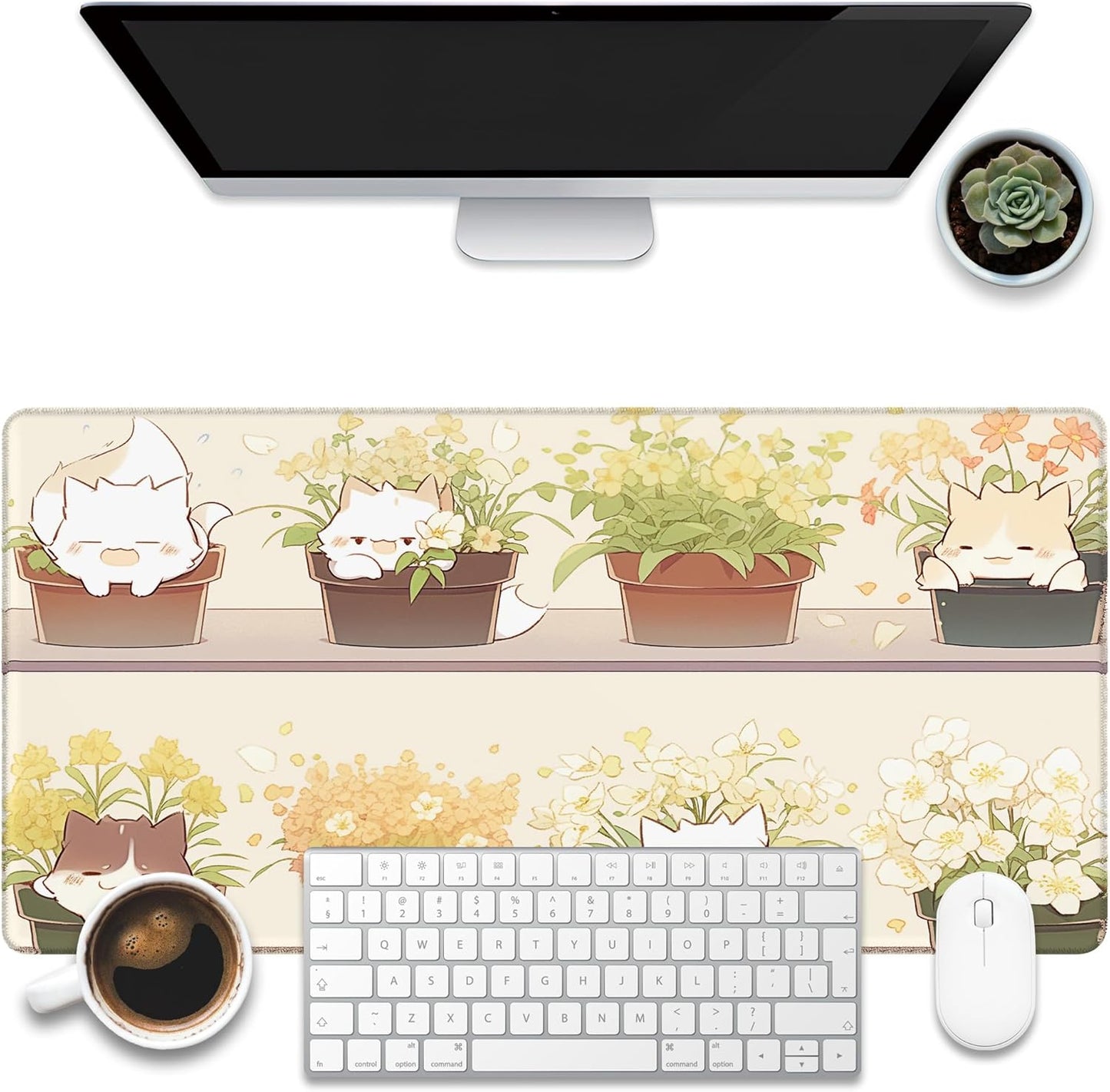 Desk Pad, Cute Cat Potted Plant Desk Mat, Anime Kawaii Cat Large Gaming Mouse Pad for Desk, 31.5"x15.7" Extended Big Computer Keyboard Mouse Pad with Non-Slip Base and Stitched Edge