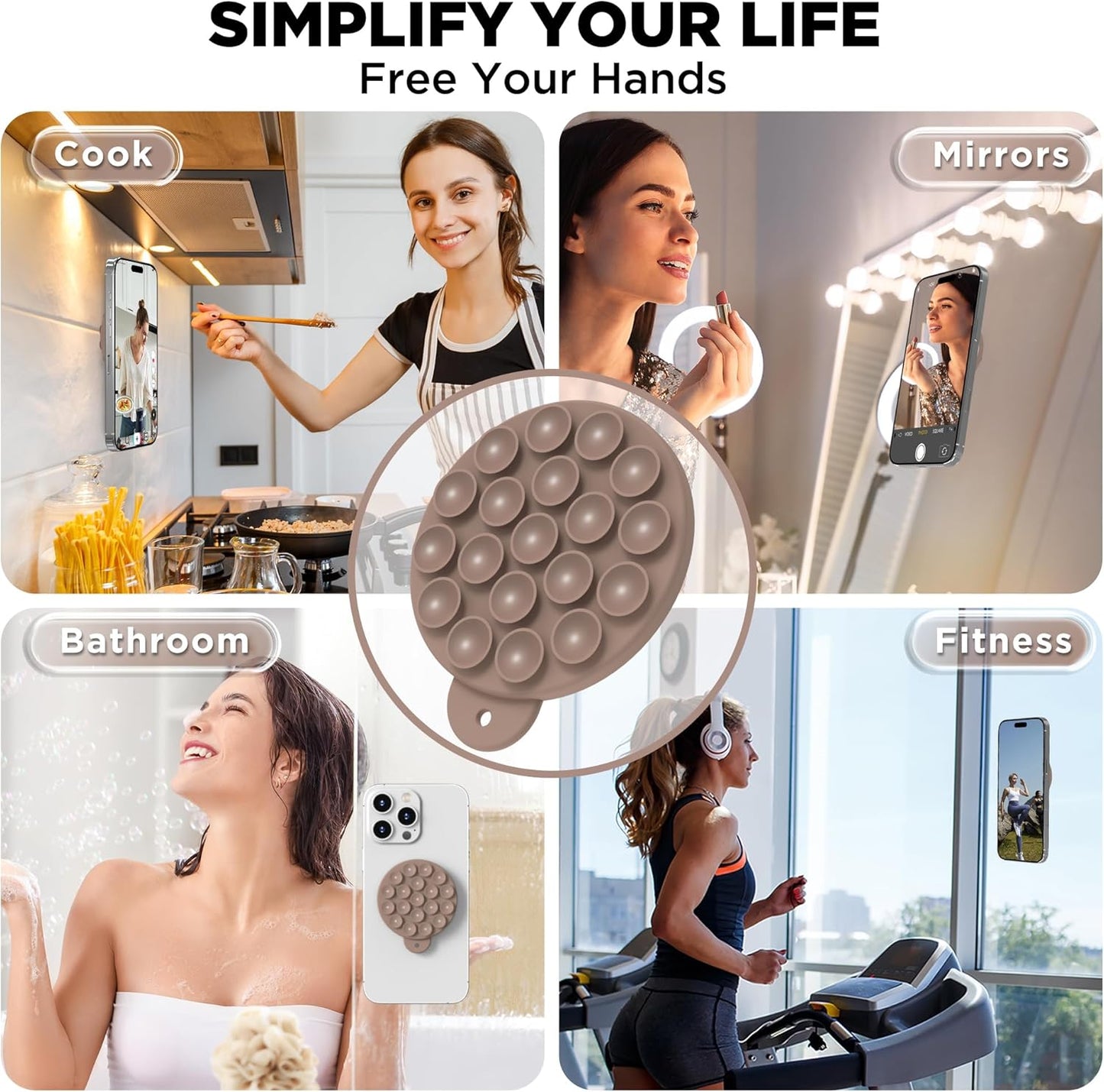 Magnetic Suction Cup Phone Mount for MagSafe Case, Silicone Hands-Free Phone Grip Holder for iPhone and Android, Mirror Shower Phone Stand for Makeup FaceTime Gym Kitchen Bathroom, Light Brown
