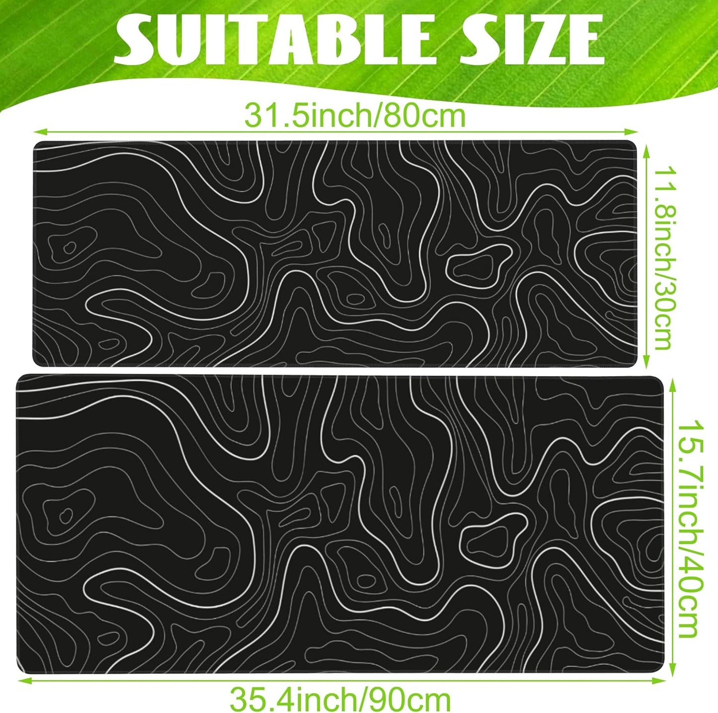 Desk Mat,Black Topographic Contour Map Desk Pad,Topographic Contour Large Gaming Mouse Pad for Desk,Extended Big Computer Keyboard Mouse Pad with Non-Slip Base and Stitched Edge,35.4"x15.7"