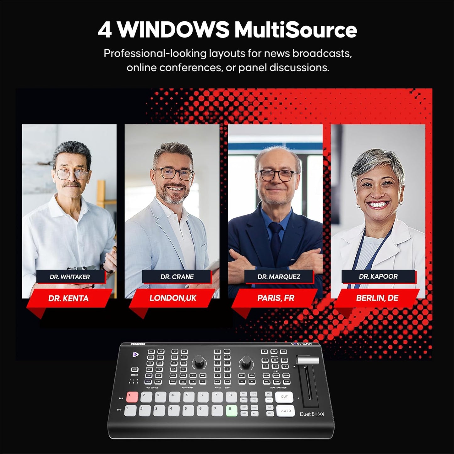 Osee GoStream Duet 8 ISO, 8 Channels Video Switcher with 4 4K-HDMI, 4 SDI, and 4 NDI HX/ 4 SRT/ 4 RTMP/ 2 Webcam. 2 XLR Audio, 8 Layouts, Isolated Recording, Podcast Unit for YouTube, Facebook