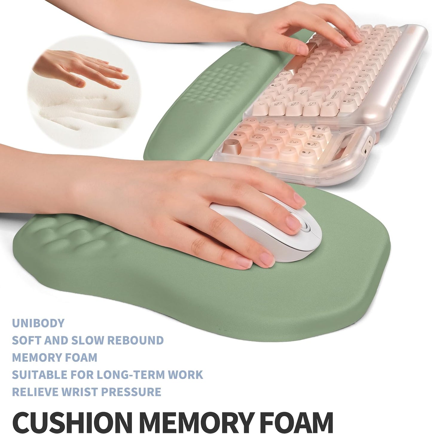 2-in-1 Ergonomic Set, Wave Keyboard Wrist Rest and Massage Slope Mouse Pad Wrist Support, Rebound Memory Foam for Relieve Carpal Tunnel Syndrome and Wrist Pain (Olive Green)