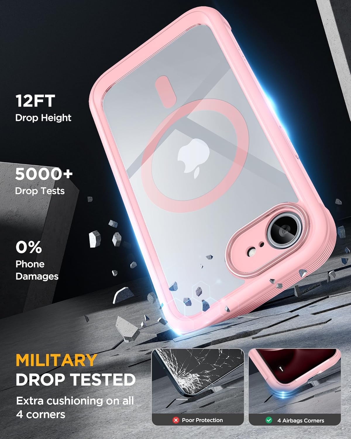 Miracase Magnetic for iPhone 16e Case Full-Body Phone with Built-in Glass Screen Protector, [Compatible with MagSafe] Military Drop Proof 16E Cover Bumper 6.1 inch, Pink