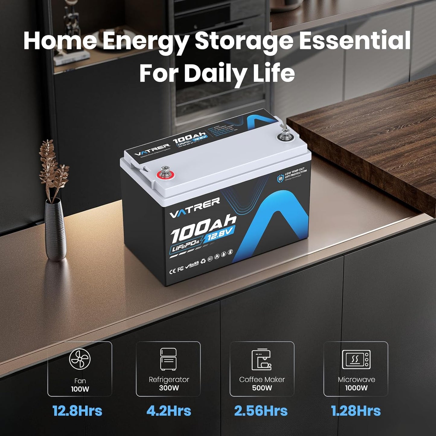 12V 100AH Low Temp Cutoff LiFePO4 Deep Cycle Battery with 1280W, Built-in 100A BMS, 5000+ Cycles Rechargeable Lithium Battery, Perfect for RV/Camper, Marine, Solar, and Off-Grid Applications
