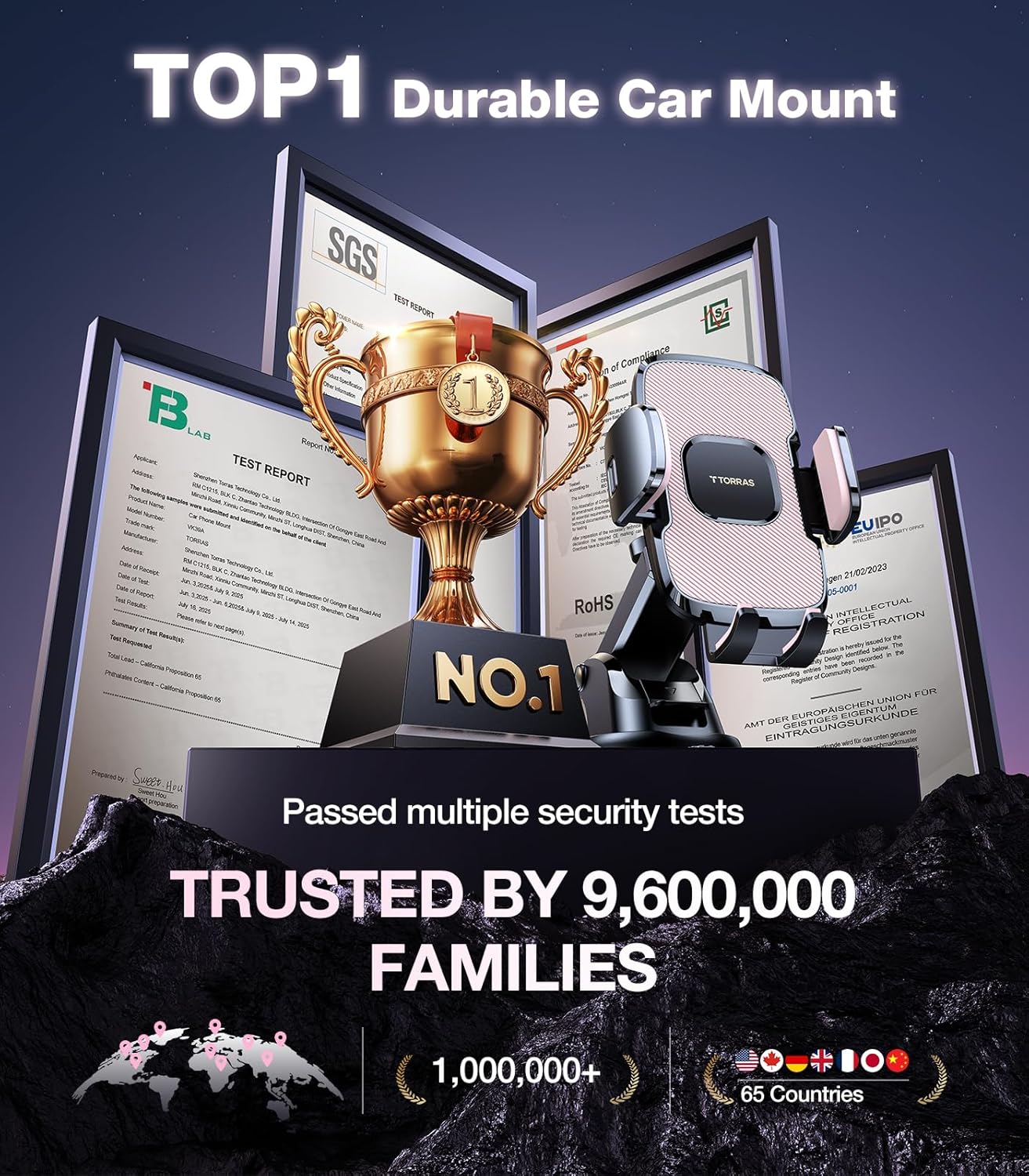 TORRAS Pink Phone Holders for Your Car【True Military-Grade & Strongest Suction】, Universal Car Phone Holder Mount Truck Cradle Stand for Dashboard Windshield Vent, Pink Car Accessories