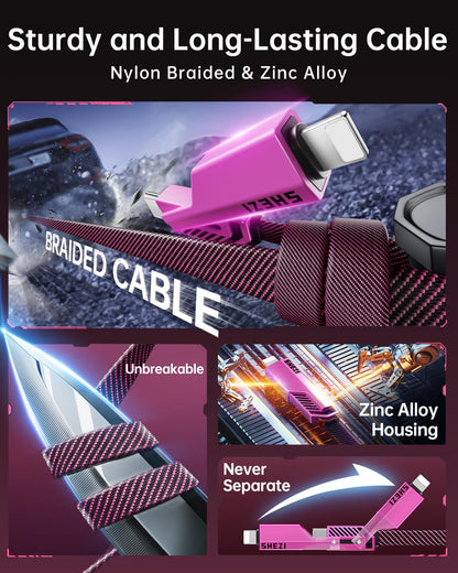SHEZI [Upgraded 2.0] 4-in-1 USB C Cable 60W 10FT Fast Charging [480Mbps Data Sync] Flat Nylon Braided Charger Cord Combo, USB A/C to C/L Multi Charge Cable for iPhone/iPad & Most Devices, Pink