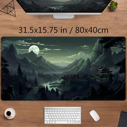 XXL Large Gaming Mouse Pad Anime Green Moon Mountains Desk Mat, Desk Decor Mousepad Computer Mat, Non-Slip Rubber Base Desk Pad, Laptop Keyboard and Mouse Mat with Stitched Edges, 31.5x15.75 in