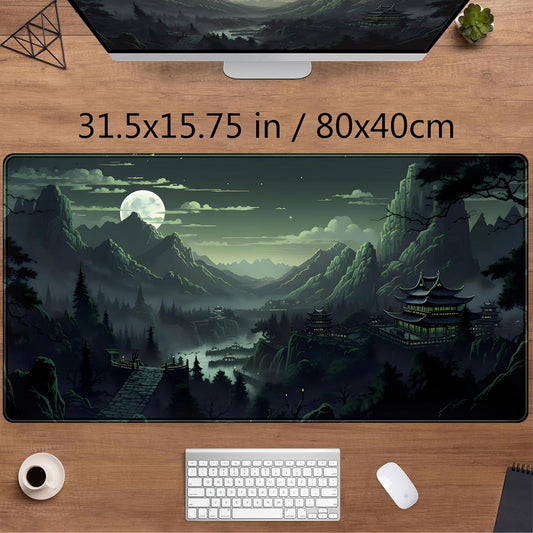 XXL Large Gaming Mouse Pad Anime Green Moon Mountains Desk Mat, Desk Decor Mousepad Computer Mat, Non-Slip Rubber Base Desk Pad, Laptop Keyboard and Mouse Mat with Stitched Edges, 31.5x15.75 in