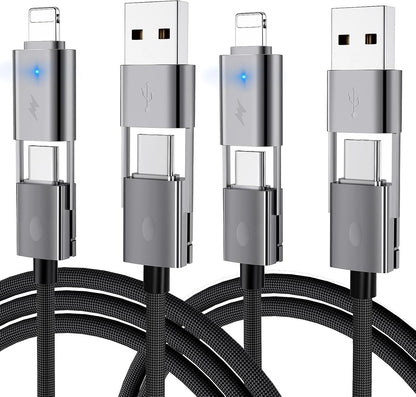 4 in 1 USB C Cable, 2Pack [Upgraded] Multi Fast Charging Cable, PD 65W 27W, 6FT+3FT, Round Braided, Compatible with iPhone/iPad/Samsung/MacBook