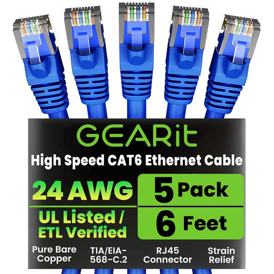 GEARit Cat 6 Ethernet Cable Pack - 5-Pack 6 ft Cat6 Ethernet Patch Cables | RJ45 Network Patch Cable, 10 Gbps Snagless Gold-Plated Connectors - Ethernet Cable Cat 6 for PC, TV, Router - Blue
