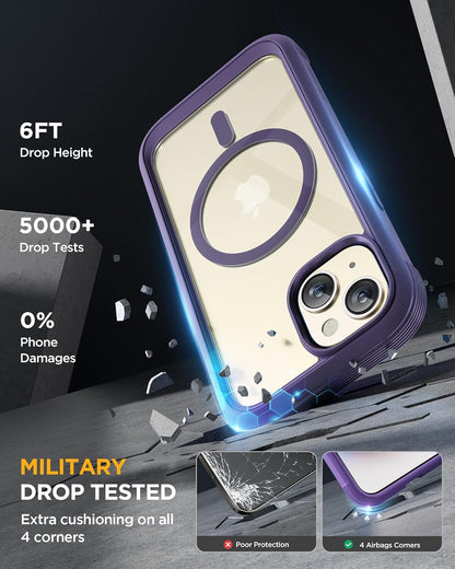 Miracase Glass Series for iPhone 15 Case [Compatible with MagSafe] Full-Body Magnetic Case with Built-in 9H Tempered Glass Anti-Fingerprint Screen Protector + Camera Lens Protector, Purple