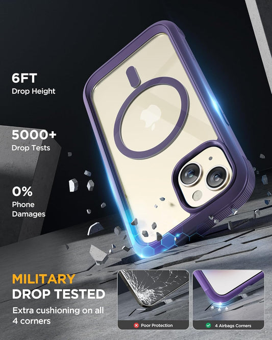 Miracase Glass Series for iPhone 15 Case [Compatible with MagSafe] Full-Body Magnetic Case with Built-in 9H Tempered Glass Anti-Fingerprint Screen Protector + Camera Lens Protector, Purple