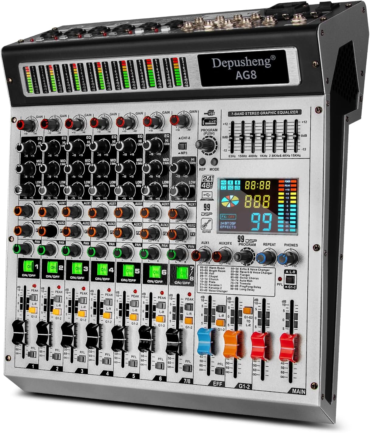 Depusheng AG8 Professional audio mixer 8 Channel with MP3 Player Source USB recording,With grouping and 2 AUX interfaces, 99DSP EFFECTfor Professional and Beginners