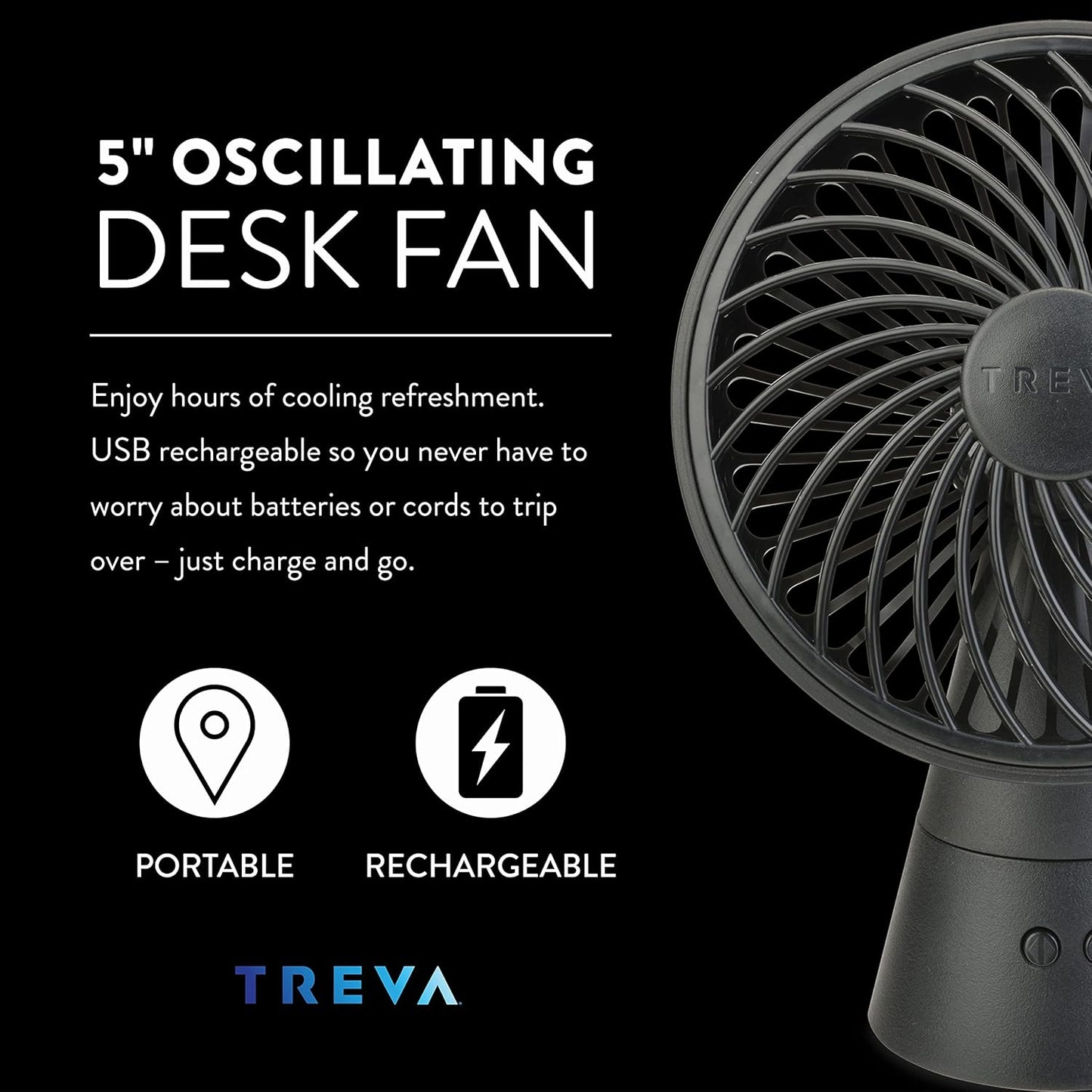 Treva 5 Inch Rechargeable Oscillating Fan with USB Charging Port, 3 Speed Circular Cooling Design, Portable Fan with 60 Degrees of Range for Home or Travel