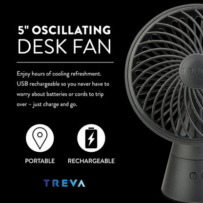 Treva 5 Inch Rechargeable Oscillating Fan with USB Charging Port, 3 Speed Circular Cooling Design, Portable Fan with 60 Degrees of Range for Home or Travel
