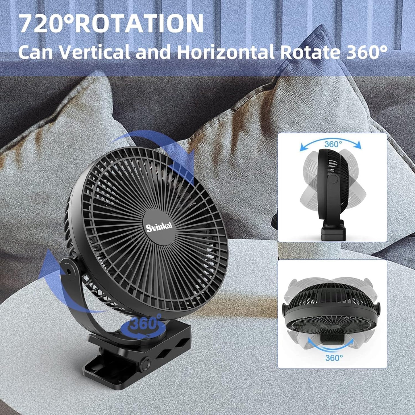 Portable Clip on Fan 10000mAh Battery Powered, USB Type C, Supports 720° Adjustment, 4 speed, 8inch Personal Fan for Table, Bedroom, Desk, Camping, Stroller, Golf Cart