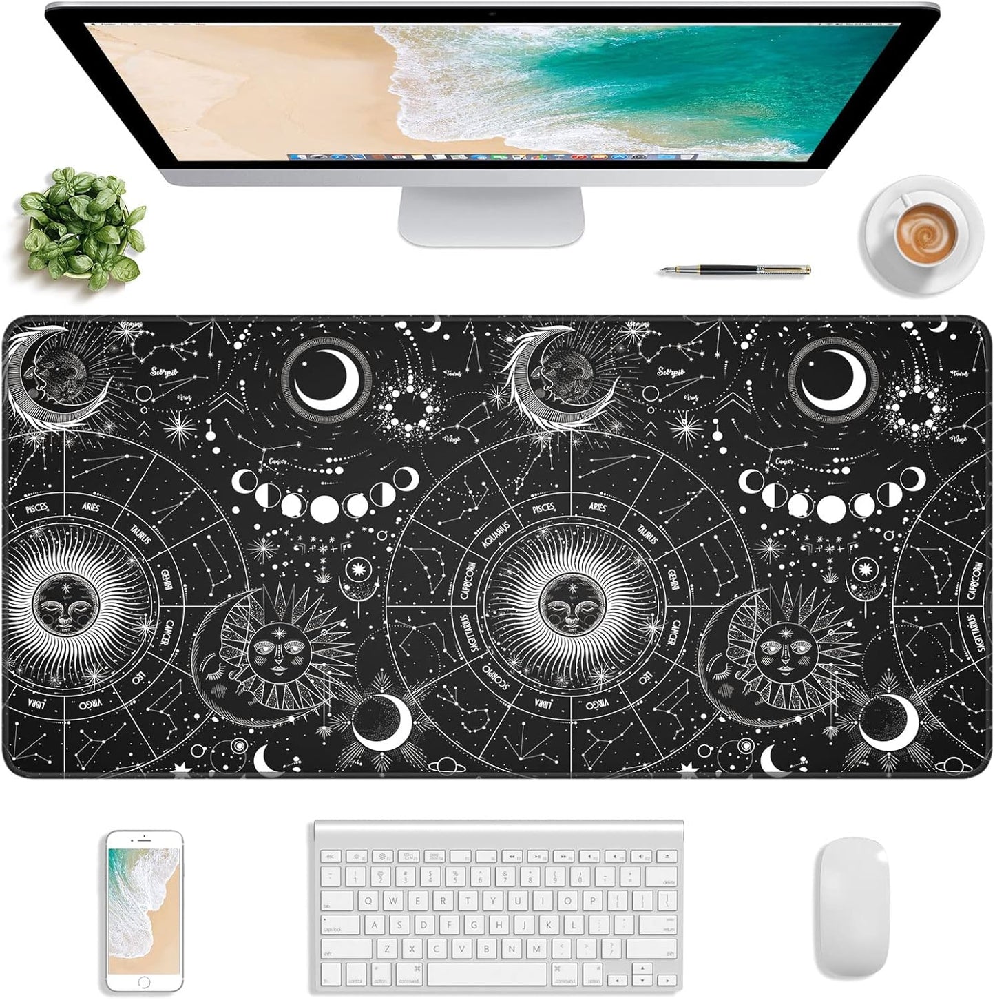 Extended Gaming Mouse Pad, XXL Large Desk Pad 30 x 14 Inch, Big Computer Keyboard Mousepad, Waterproof Mouse Mat with Stitched Edges and Non-Slip Base for Women Office Gaming, Sun Moon