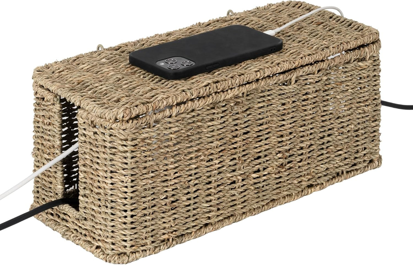 StorageWorks Large Cable Management Box, 2 Slots Wicker Cable Organizer to Hide Cords and Power Strip, Seagrass Cord Hider Box for Home & Office
