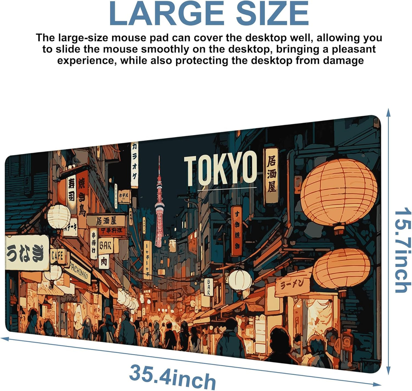 Gaming Desk Pad Large Extra Length Tokyo Japan Mouse Pad Keyboard Laptop Non-Slip Waterproof with Rubber Base Thick Stitched Edge Mouse Mat for Office Home 35.4 x 15.7 Inches