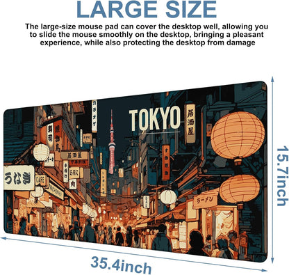 Gaming Desk Pad Large Extra Length Tokyo Japan Mouse Pad Keyboard Laptop Non-Slip Waterproof with Rubber Base Thick Stitched Edge Mouse Mat for Office Home 35.4 x 15.7 Inches