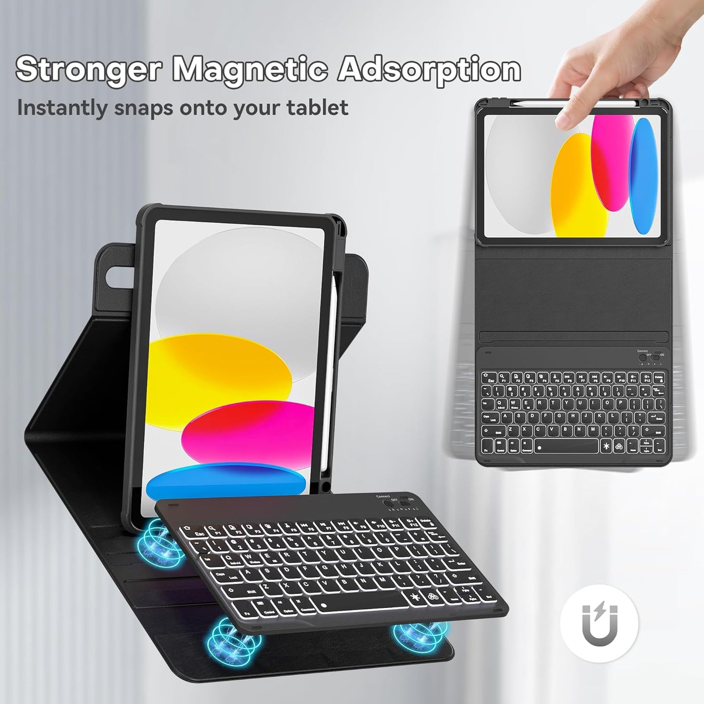 YBING for iPad A16 Case with Keyboard 11th &10th Generation, 360 Rotation Magnetic Cover with 7-Color Backlit Wireless Detachable Keypad with Pencil Holder for iPad 11th 2025/10 Gen 10.9" 2022 (Black)