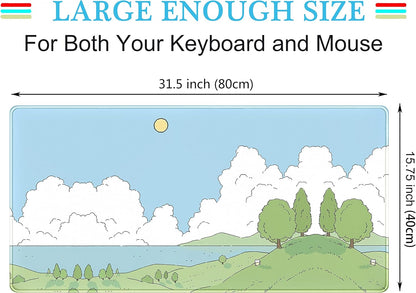 Cute Anime Desk Mat Kawaii Mousepad, Anime Street Aesthetics Desk Pad XXL, Japanese/Korean Lo-fi Drawing, Cute Green Blue Nature Mouse Pad Computer Keyboard Mat, Office Desk Pad Protector
