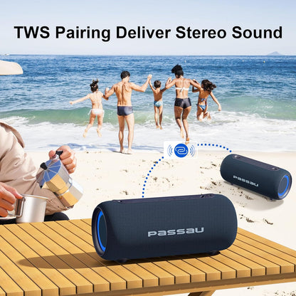 Passau Portable Bluetooth Speakers 40W Peak Loud Stereo Sound, Passive Radiators-Deep Bass, All Day Playtime, Adjustable Strap, BT5.3, IPX5 Wireless Speaker RGB Lights for Indoor Outdoor-Blue