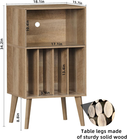 Lerliuo Record Player Stand, Oak Turntable Stand Holds up to 160 Albums, Mid-Century Vinyl Storage Cabinet Table with Solid Wood Legs, Record Player Holder Dispaly Shelf for Bedroom Living Room