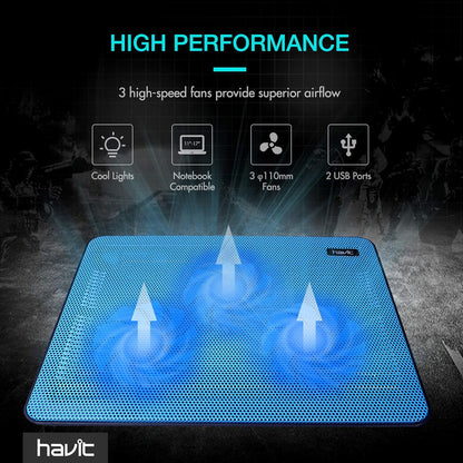 Havit HV-F2056 15.6-17 Inch Laptop Cooler Cooling Pad - Slim Portable USB Powered (3 Fans) (Blue)