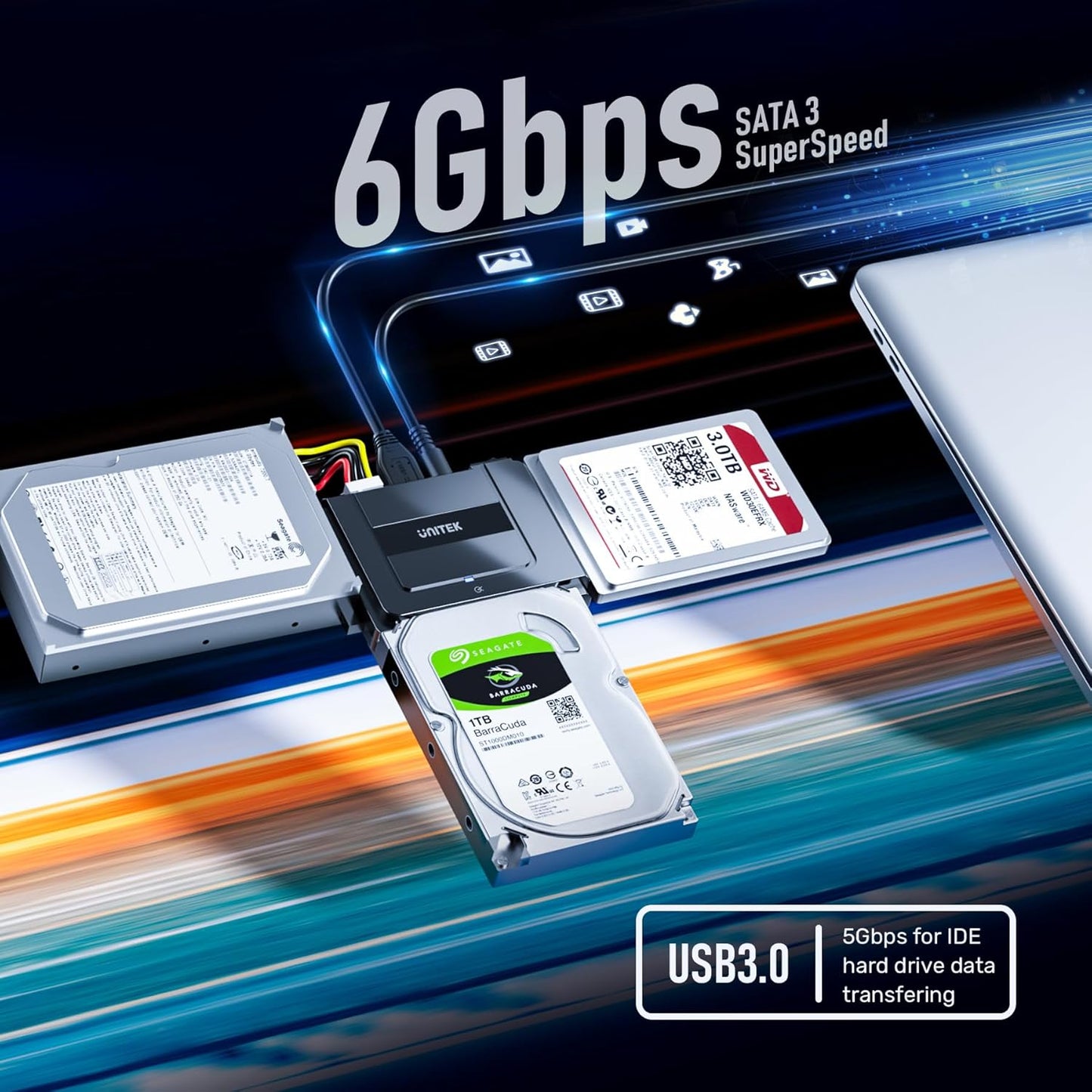 Unitek USB C to SATA 6Gbps IDE Adapter External Hard Drive Converter Kit for Universal 2.5/3.5 inch HDD/SSD Hard Drive Disk, DVD-ROM/CD-ROM/CD-RW, with USB C Connector & 12V/2A Power Adapter