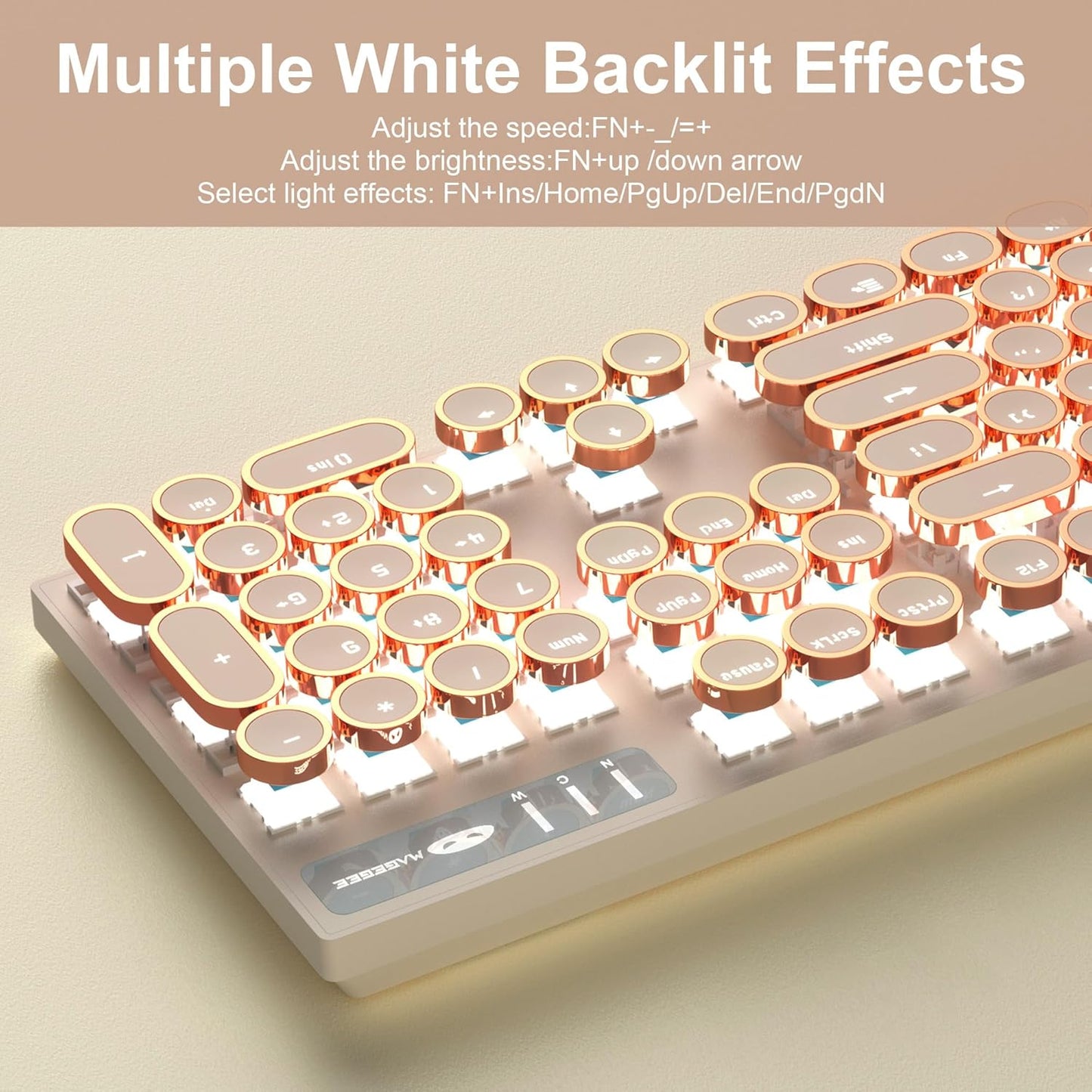 MageGee Typewriter Mechanical Gaming Keyboard, Retro Punk Creamy Round Keycaps, 104 Keys LED White Backlit Wired Keyboards for Laptop MAC PC Gamer, with Magnetic Wrist Rest, Blue Switch