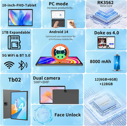 Android 14 Tablet with Keyboard, 12GB RAM (6+6), 128GB Storage, 1TB Expandable, 8000mAh Battery, 10 Inch 2-in-1 Tablets, Includes Case, Mouse & Stylus（Pink）