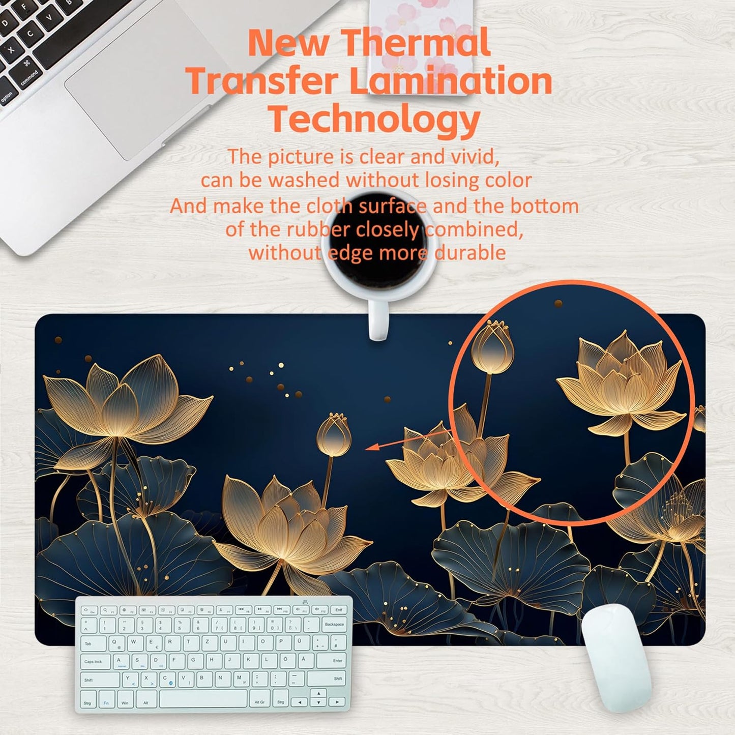 Desk Pad,Luxury Golden Lotus Line Arts Desk Mat,Dark Blue Background Large Gaming Mouse Pad for Desk,31.5"x15.7" Extended Big Computer Keyboard Mouse Pad with Non-Slip Base and Stitched Edge