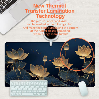 Desk Pad,Luxury Golden Lotus Line Arts Desk Mat,Dark Blue Background Large Gaming Mouse Pad for Desk,31.5"x15.7" Extended Big Computer Keyboard Mouse Pad with Non-Slip Base and Stitched Edge