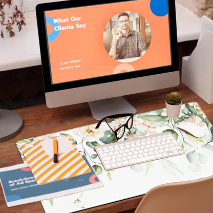 Desk Mat, Watercolor Pink Flowers Desk Pad, Green Leaves Flowers Large Gaming Mouse Pad for Desk, 31.5"x15.7" Extended Big Computer Keyboard Mouse Pad with Non-Slip Base and Stitched Edge