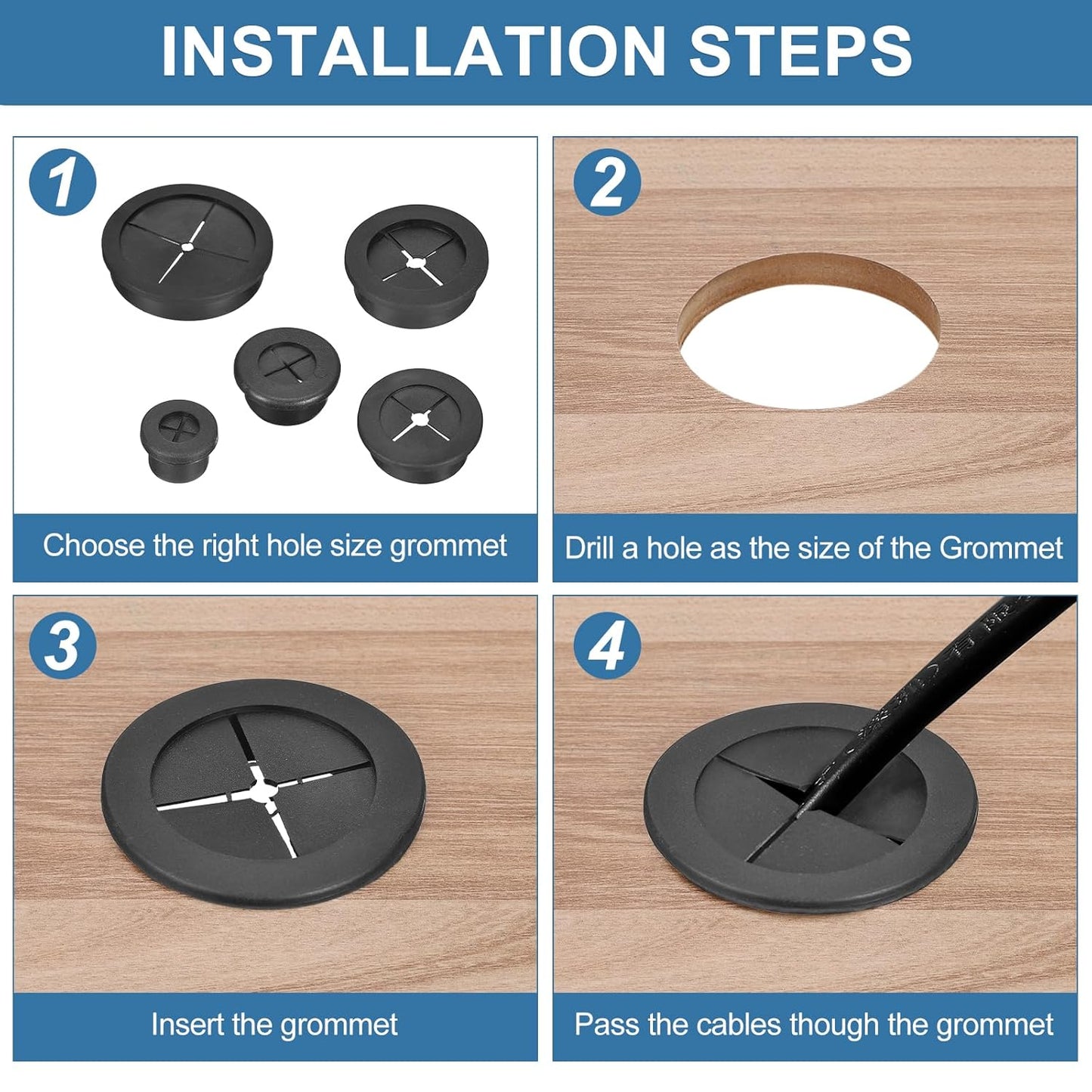 uxcell 4Pcs Cable Cord Grommet, 5/8"(16mm) Rubber Desk Grommets Wire Pass Through Hole Cover with Marked Cable Ties for Home Office Cable Wire Protection, Black