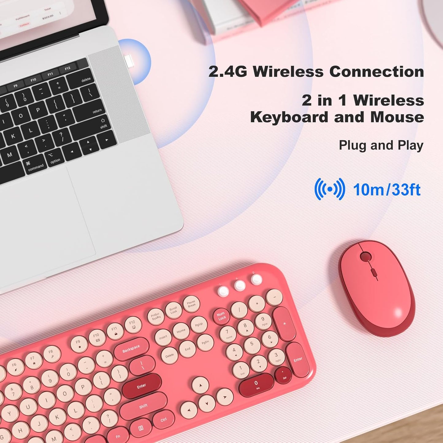 KNOWSQT Wireless Keyboard and Mouse Combo - Lovely Red Rainbow Full-Sized Typewriter Colorful Keyboards, Round Keycap USB Plug Play Retro Cute Keyboards for Windows, Laptop, PC, Desktop, Computer