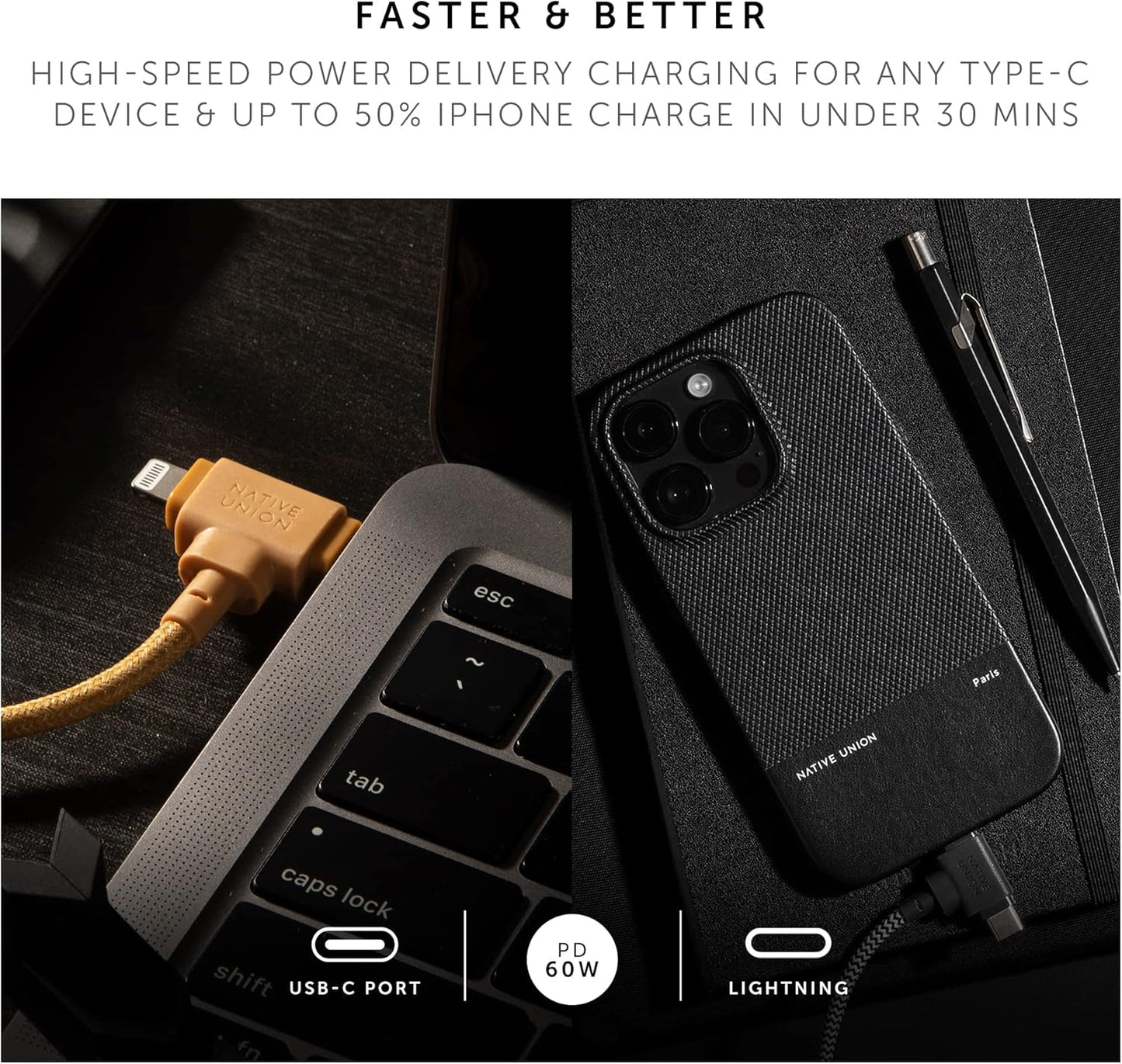 Native Union Belt Cable Duo – 5ft Ultra-Strong Braided Universal Charging Cable – Made with Recycled Materials – 2-in-1 Multi-Device MFi Certified Connectors for Lightning & Type-C Devices (Kraft)