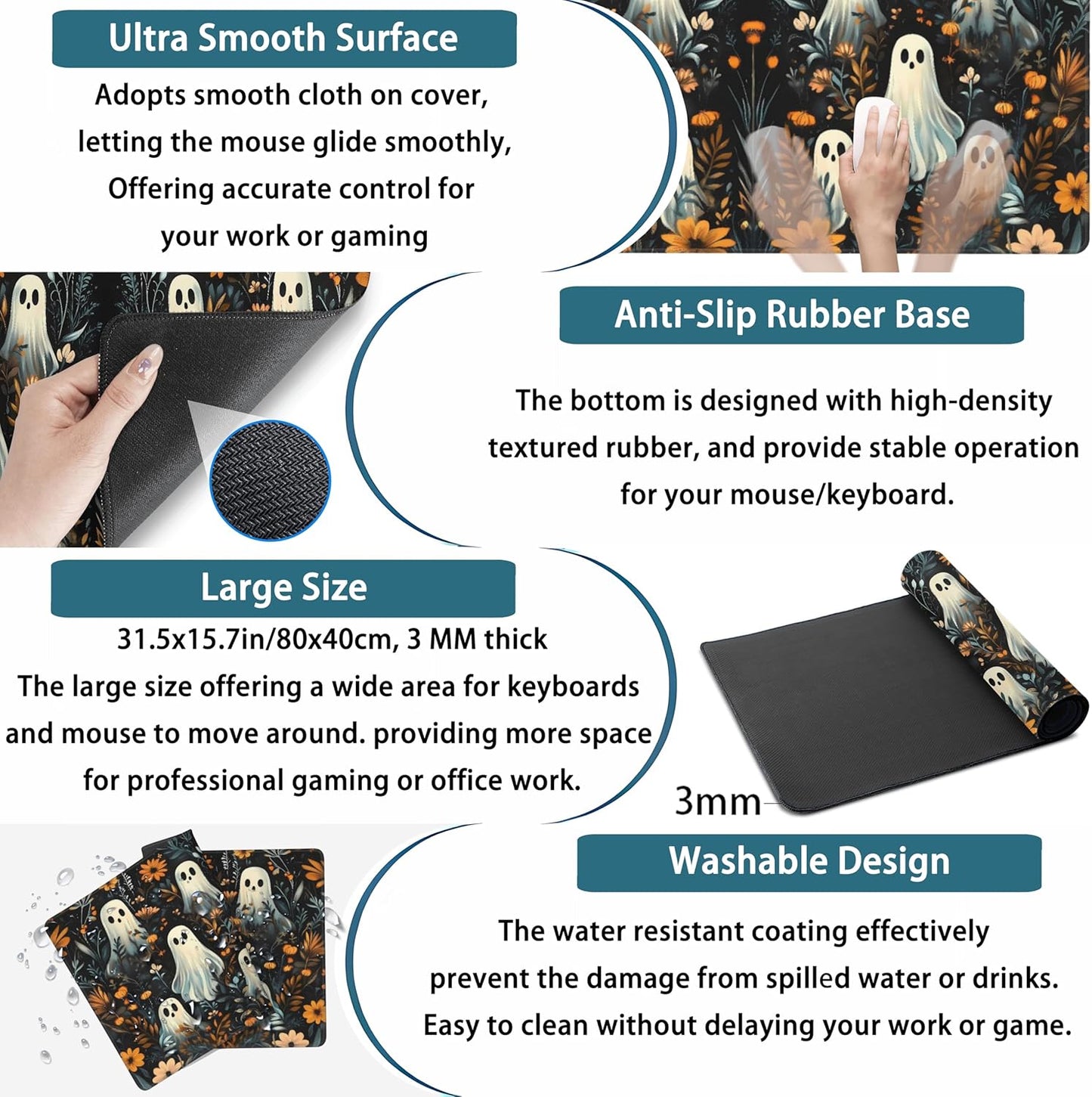 Retro Gothic Kawaii Desk Mat Cute Dark Academia Desk Pad Large Floral Mouse Pad XXL Gaming Mousepad, Laptop Computer Keyboard Mouse Mat, Deskmat Office Decor Accessories for Women, 31.5x15.75 in