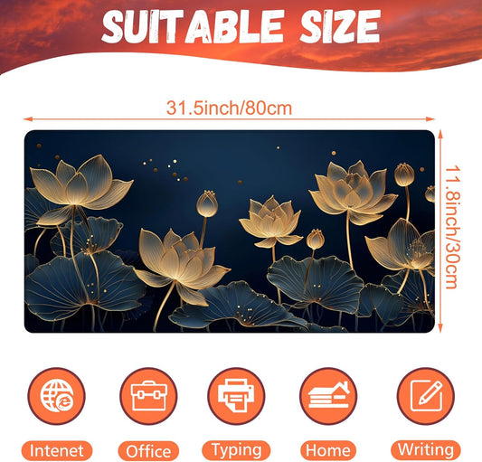 Desk Pad,Luxury Golden Lotus Line Arts Desk Mat,Dark Blue Background Large Gaming Mouse Pad for Desk,31.5"x15.7" Extended Big Computer Keyboard Mouse Pad with Non-Slip Base and Stitched Edge