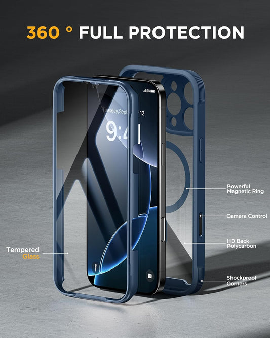 Miracase for iPhone 16 Pro Max Case 6.9'', [Bubble Free] Full-Body Bumper Phone case with Built-in Full Glass Screen &Lens Protector,Compatible with MagSafe,Drop Proof 16 Pro Max Cover,Blue