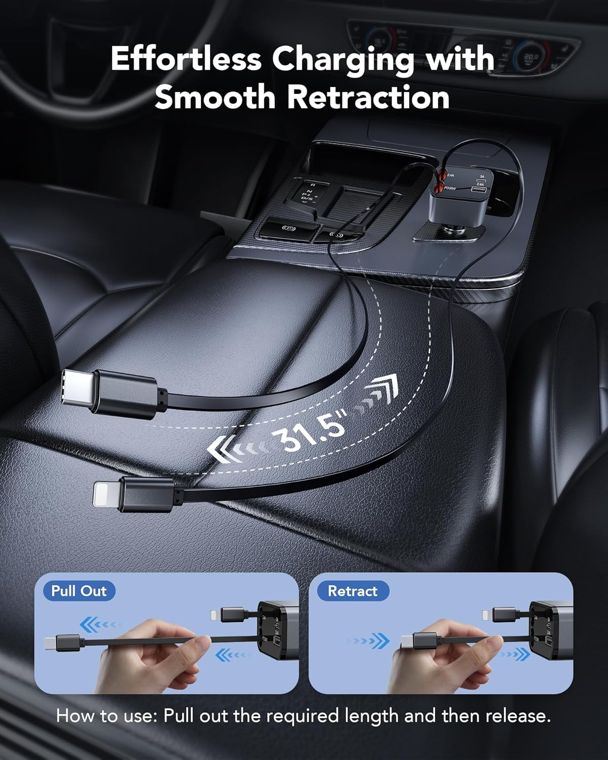 69W Retractable Car Charger, 4-in-1 Fast Car Phone Charger with 2.6ft Two Retractable Cables and USB C+USB A Car Charging Block Cube, Compatible with iPhone 16 15 14 13 12 Pro Max Plus,Galaxy,Pixel