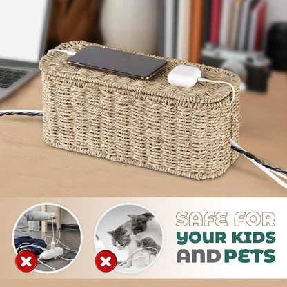 BLUEWEST Large Cable Management Box, Natural Rattan Cable Cord Organizer Boxes for Power Strip – 2 Open Slots Cords Hider Box for TV Wires, Computer, Router, USB Hub and Under Desk Power Strip