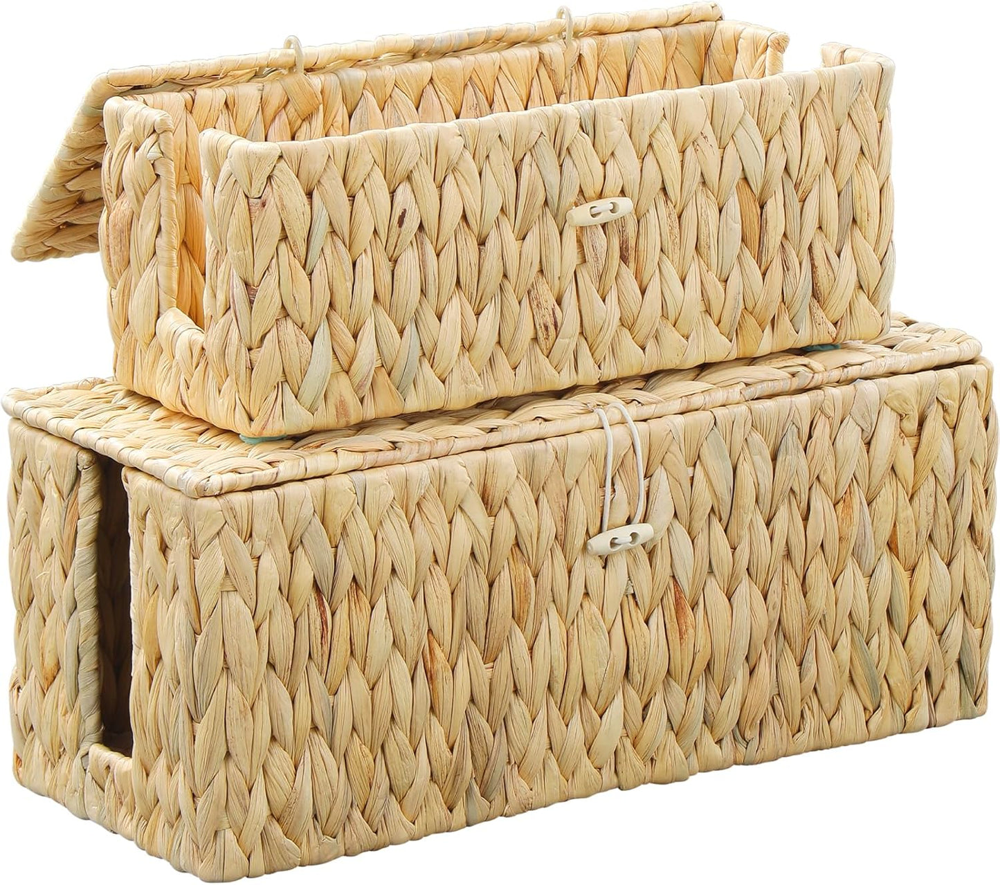 Cable Management Box,Hand-Woven Water Hyacinth Decorative Cord Organizer,2 Side Open Slots Wicker Cable Box to Hide Cords and Power Strip,for Desk, Floor, Office,2 Pack