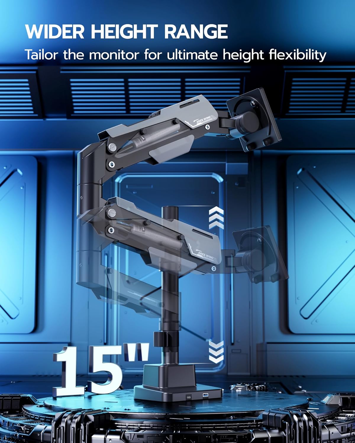 ARES WING Single Monitor Mount with USB, Ultrawide Monitor Arm for 24 to 57 Inch Heavy Duty Curved Screen, Adjustable Gas Spring Monitors Arm Stand up to 66LBS with 75/100/200 Vesa Mount, Black