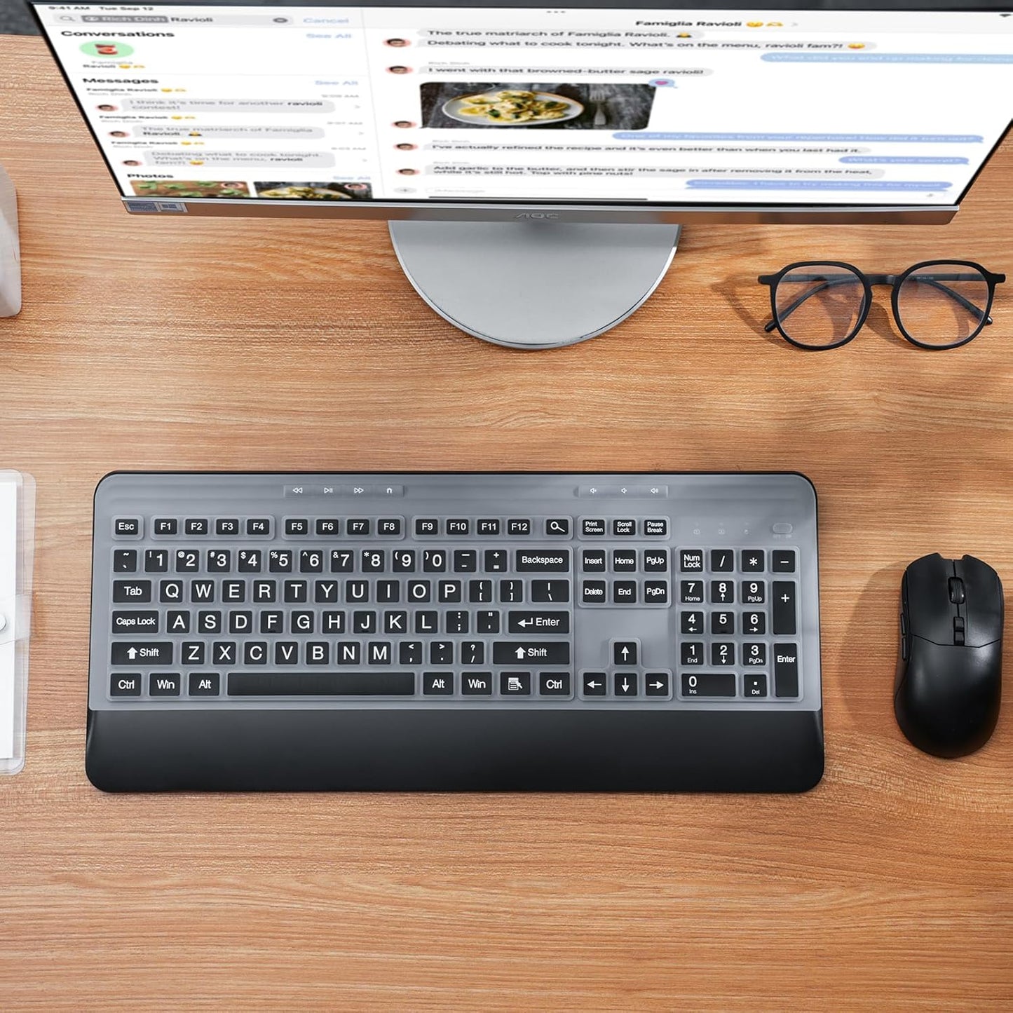 Wireless Keyboard and Mouse Set with Quiet Keys, 2.4G Full Size Ergonomic Keyboard with Wrist Rest, Protective Covers, Soft Touch Silent Design for Windows, Computer, PC and Laptop