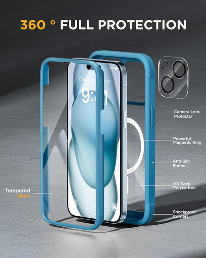 Miracase Glass Series for iPhone 15 Case [Compatible with MagSafe] Full-Body Magnetic Bumper Case with Built-in 9H Tempered Glass Anti-Fingerprint Screen Protector + Camera Lens Protector, Sea Blue