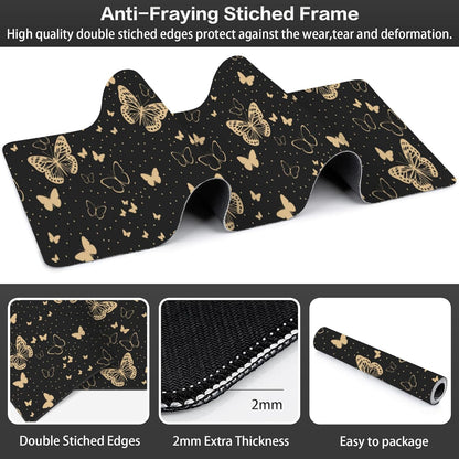 Golden Butterflies Desk Mat,Large Butterfly and Round Spots Gaming Keyboard Mouse Pad,Non-Slip Rubber Base Desk Pad Thick Stitched Edges Waterproof Mousepad Mouse Mat 31.5"x11.8"